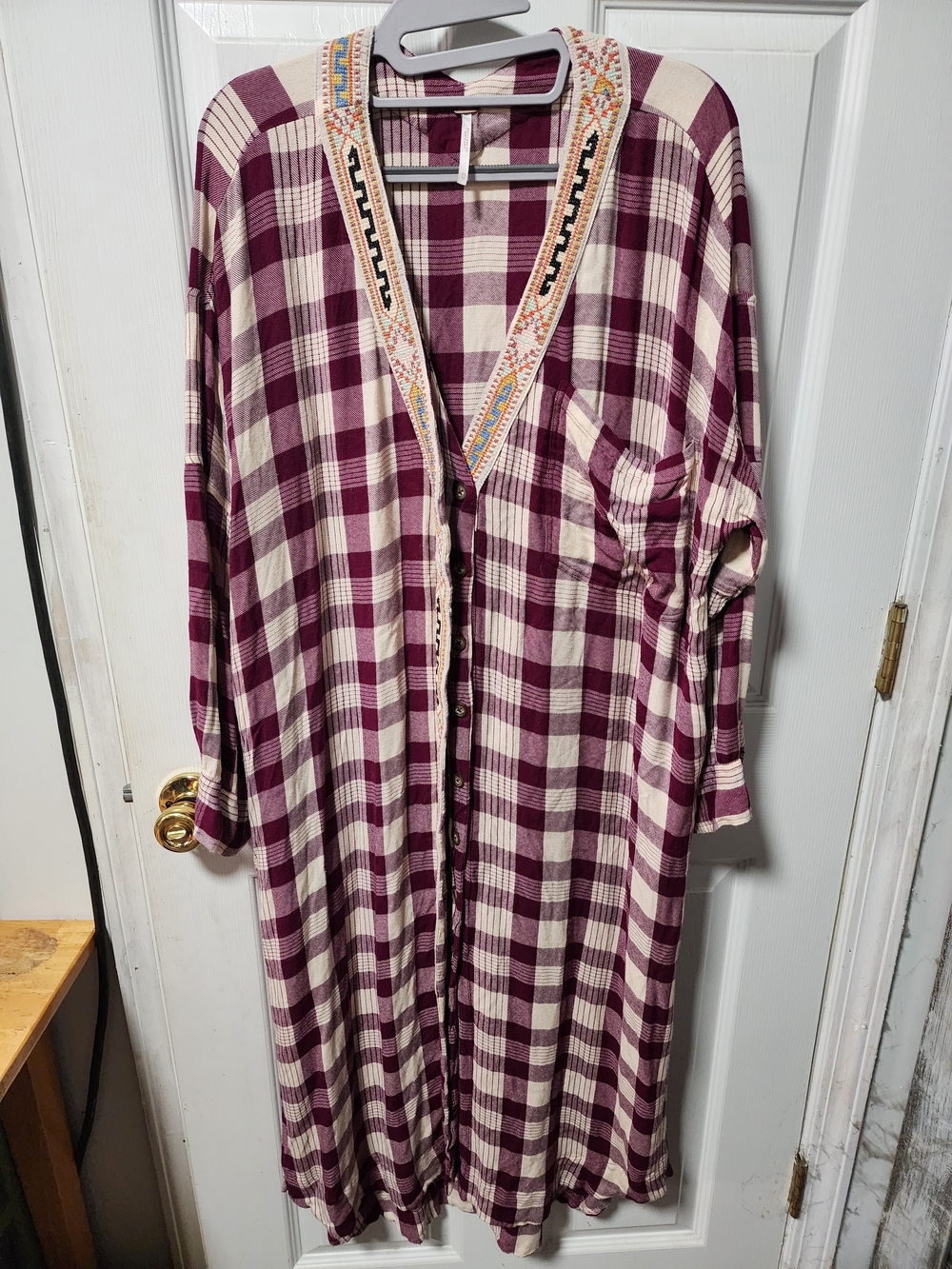 Plaid Button-Front Midi Dress in Maroon/Cream With Aztec Design
